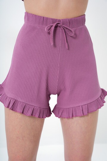 Beli Ve Paçası Fırfır Detaylı Askılı Crop Bluz Ve Şortlu Pijama Takımı
