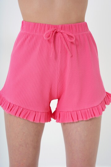 Beli Ve Paçası Fırfır Detaylı Askılı Crop Bluz Ve Şortlu Pijama Takımı