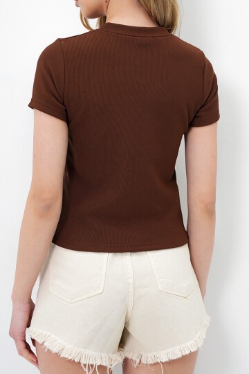 Bisiklet Yaka Ayıcık Baskılı Crop Bluz