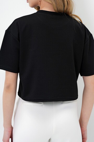 Siyah Bisiklet Yaka Ayıcık Motifli Oversize Crop T-Shırt