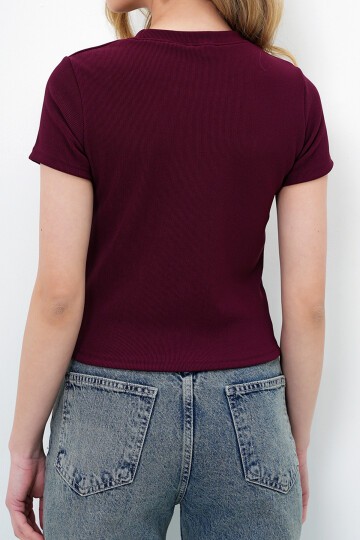 Bisiklet Yaka Fiyonk Süslü Crop Bluz