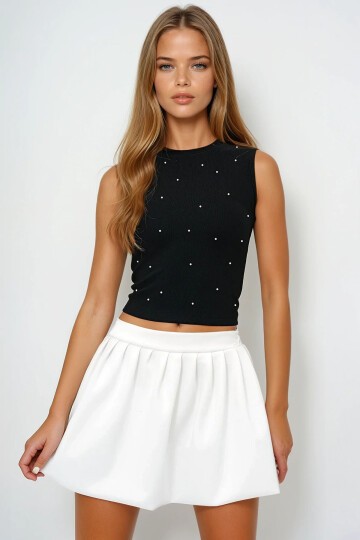 Bisiklet Yaka İnci Çakımlı Yazlık Crop Bluz