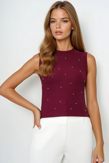 Bisiklet Yaka İnci Çakımlı Yazlık Crop Bluz