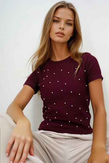 Bisiklet Yaka İnci Çakmalı Ottoban Crop Bluz