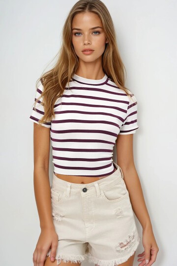 Bisiklet Yaka Yarım Kol Çizgili Crop Bluz