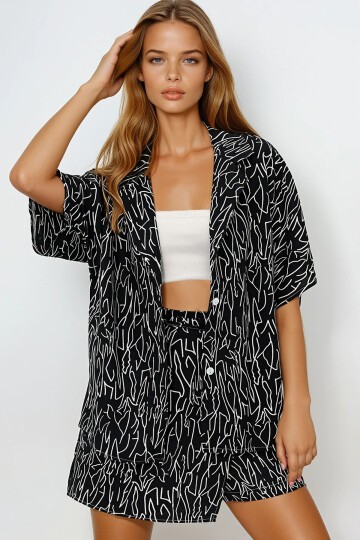 Ceket Yaka Oversize Poplin Gömlek Ve Bağlamalı Şort Etek Takım
