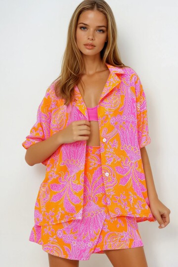 Ceket Yaka Oversize Poplin Gömlek Ve Bağlamalı Şort Etek Takım