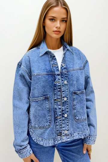 Çift Cepli Oversize Jean Ceket