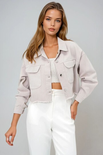Çift Cepli Püskül Detaylı Gabardin Crop Ceket