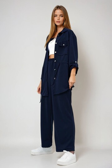 Çift Cepli Safari Ceket Ve Beli Lastikli Wide Leg Pantolonlu Krep Alt Üst Takım