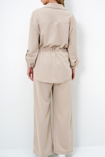 Çift Cepli Safari Ceket Ve Beli Lastikli Wide Leg Pantolonlu Krep Alt Üst Takım
