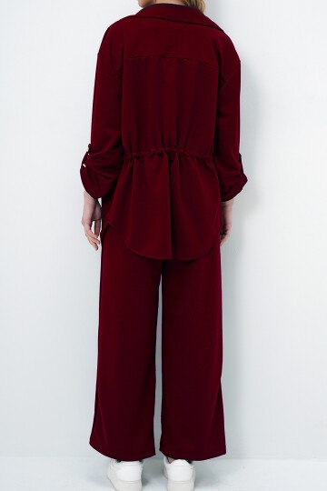 Çift Cepli Safari Ceket Ve Beli Lastikli Wide Leg Pantolonlu Krep Alt Üst Takım