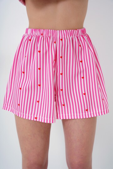 Çizgi Desenli Önü Düğmeli Dokuma Gömlek Ve Şort Pijama Takım