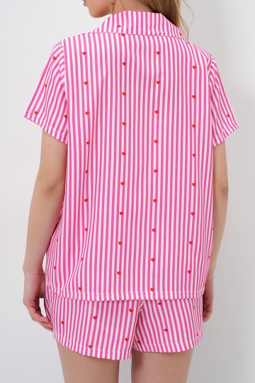 Çizgi Desenli Önü Düğmeli Dokuma Gömlek Ve Şort Pijama Takım