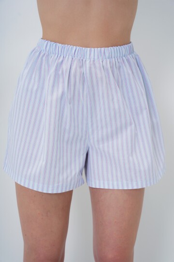 Çizgi Desenli Önü Düğmeli Dokuma Gömlek Ve Şort Pijama Takım