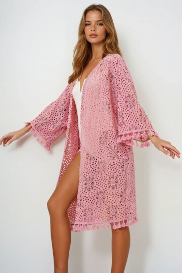 Pembe Delik Ajurlu Püsküllü Kimono