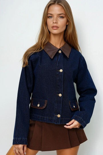 Deri Detaylı Crop Jean Ceket