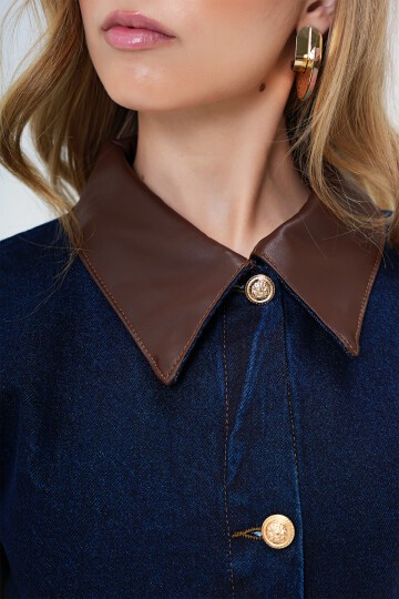 Deri Detaylı Crop Jean Ceket