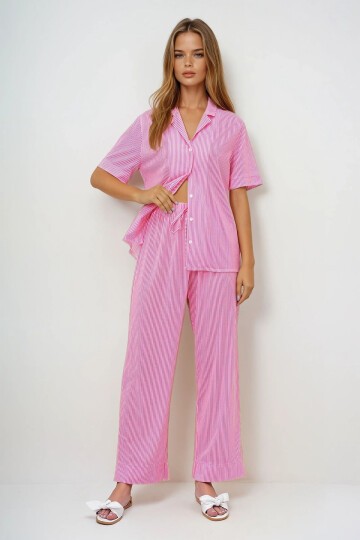 Fuşya Duble Kol Ve Paça Detaylı Çizgili Gömlek Ve Pantolonlu Pijama Takımı