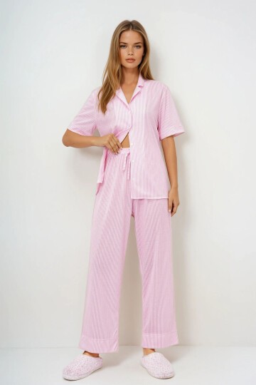 Pembe Duble Kol Ve Paça Detaylı Çizgili Gömlek Ve Pantolonlu Pijama Takımı