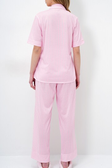 Pembe Duble Kol Ve Paça Detaylı Çizgili Gömlek Ve Pantolonlu Pijama Takımı