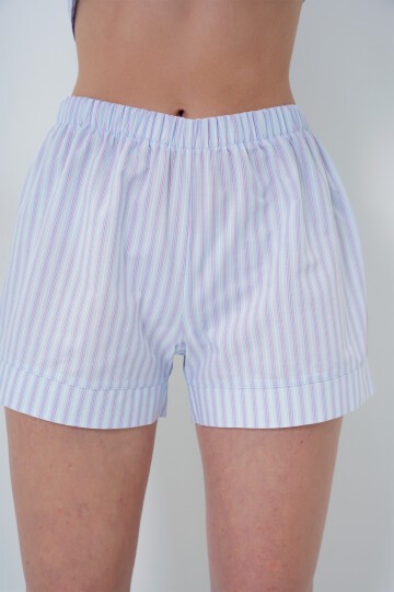 Pembe Mavi Duble Manşet Ve Paça Detaylı Dokuma Gömlek Ve Şortlu Pijama Takımı