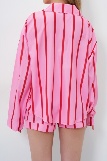 Pembe Bordo Duble Manşet Ve Paça Detaylı Dokuma Gömlek Ve Şortlu Pijama Takımı
