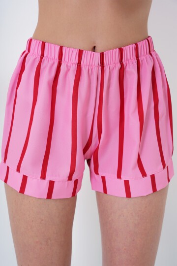 Pembe Bordo Duble Manşet Ve Paça Detaylı Dokuma Gömlek Ve Şortlu Pijama Takımı