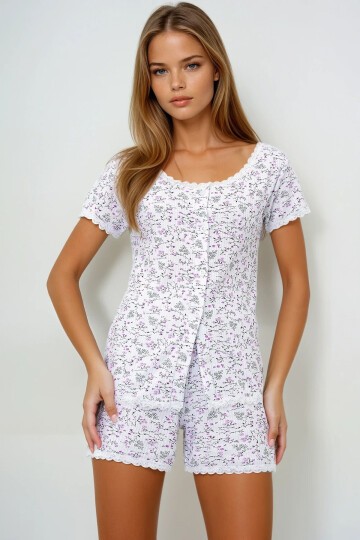 Fisto Detaylı Pamuklu Geniş Yaka Gömlek Ve Şortlu Pijama Takımı