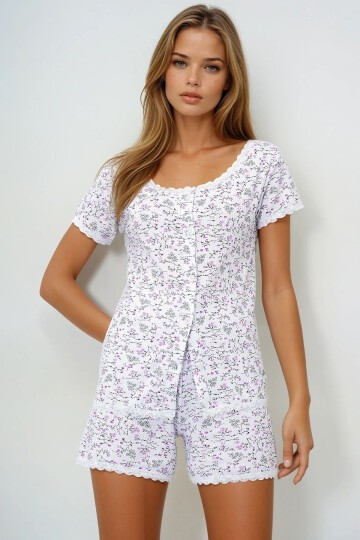 Fisto Detaylı Pamuklu Geniş Yaka Gömlek Ve Şortlu Pijama Takımı