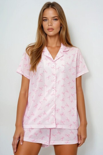 Fiyonk Desenli Örme Pamuklu Gömlek Ve Şort Pijama Takımı