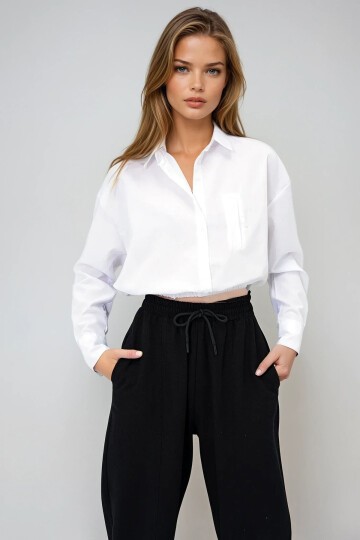 Geniş Manşetli Beli Lastikli Crop Poplin Gömlek