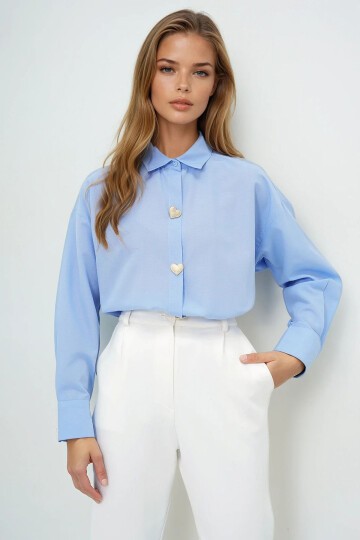 Kalp Düğmeli Oversize Poplin Gömlek