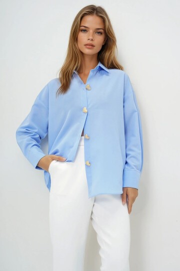 Kalp Düğmeli Oversize Poplin Gömlek