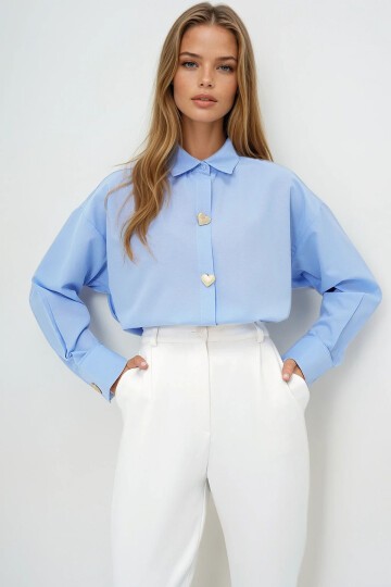 Kalp Düğmeli Oversize Poplin Gömlek