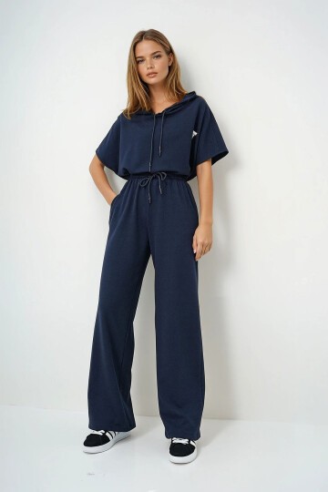 Kapüşonlu Oversize Crop Ve Çift Cepli Pantolon Takım