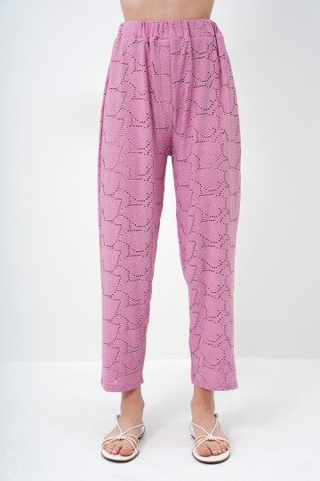 Pembe Kendinden Dokulu Ajurlu Uzun Pantolonlu Kimono Takım