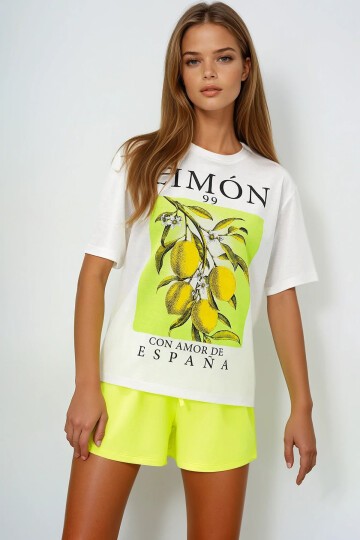 Limon Baskılı Pamuklu Basic T-Shırt Ve Şortlu Pijama Takımı