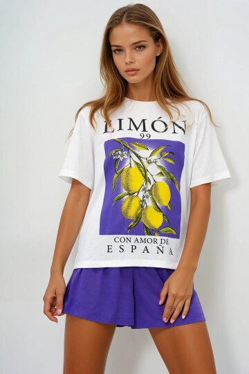 Limon Baskılı Pamuklu Basic T-Shırt Ve Şortlu Pijama Takımı