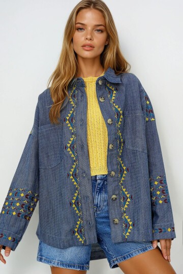 Nakış İşlemeli Gabardin Oversize Gömlek Ceket