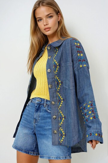 Nakış İşlemeli Gabardin Oversize Gömlek Ceket