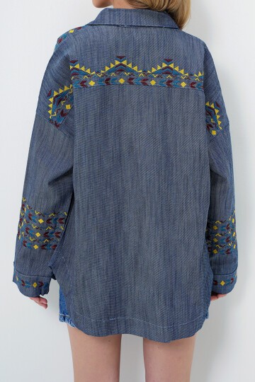 Nakış İşlemeli Gabardin Oversize Gömlek Ceket