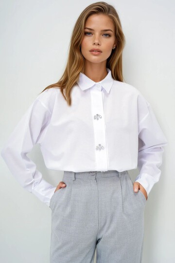 Taş Düğmeli Oversize Poplin Gömlek