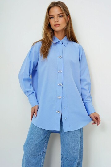 Taş Düğmeli Oversize Poplin Gömlek