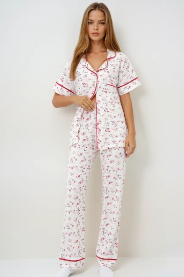 Tek Cepli Biye Detaylı Pamuklu Gömlek Ve Pantolonlu Pijama Takımı