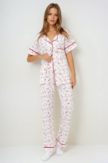 Tek Cepli Biye Detaylı Pamuklu Gömlek Ve Pantolonlu Pijama Takımı