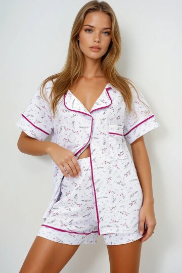 Mikro Çiçek Fuşya Tek Cepli Biye Detaylı Pamuklu Gömlek Ve Şortlu Pijama Takımı