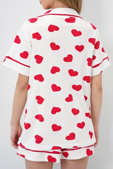Büyük Kalp Kırmızı Tek Cepli Biye Detaylı Pamuklu Gömlek Ve Şortlu Pijama Takımı