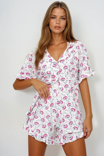 Tek Cepli Kolları Ve Paçası Fırfırlı Pamuklu Gömlek Ve Şortlu Pijama Takımı
