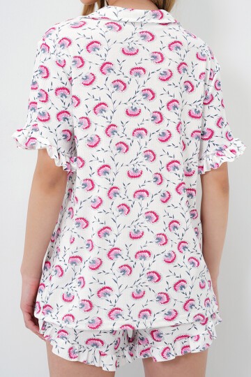 Tek Cepli Kolları Ve Paçası Fırfırlı Pamuklu Gömlek Ve Şortlu Pijama Takımı